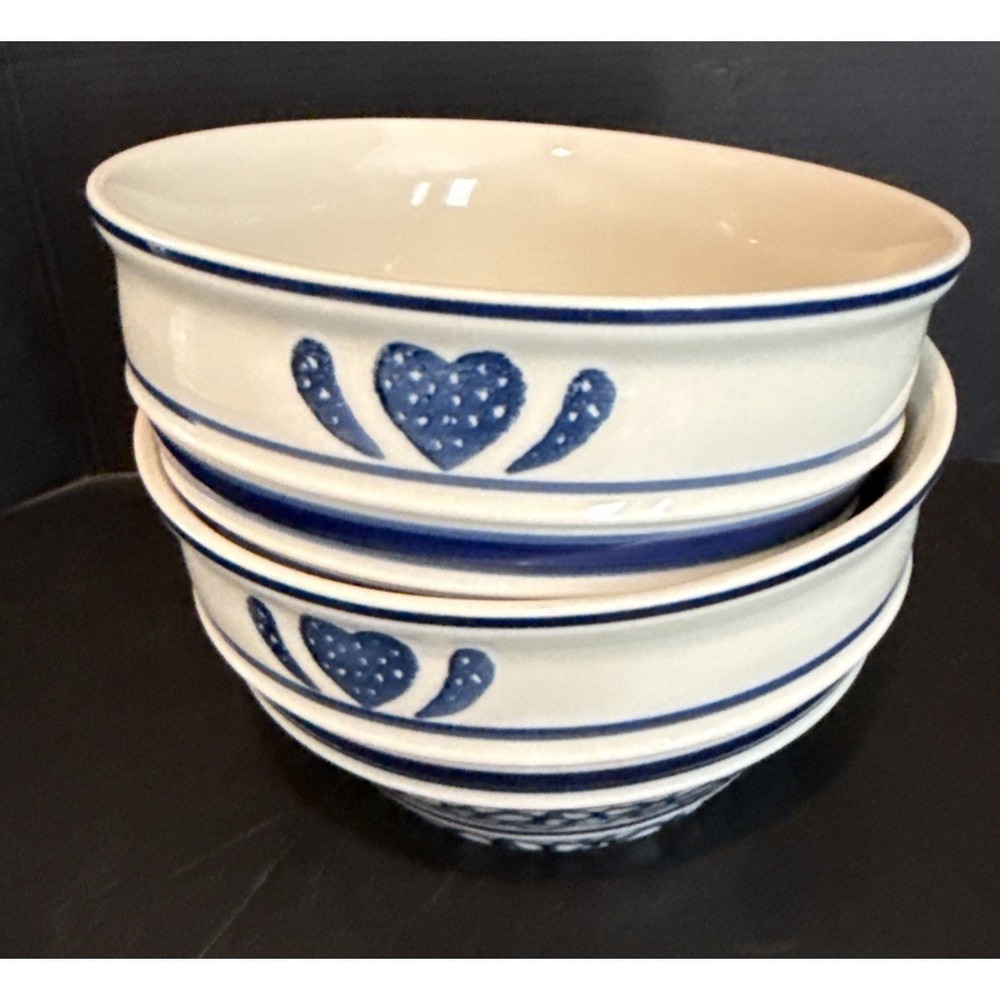 Tienshan Country Crock Stoneware Blue Heart Cereal Bowl Bowls 6 Inch Set Of 2